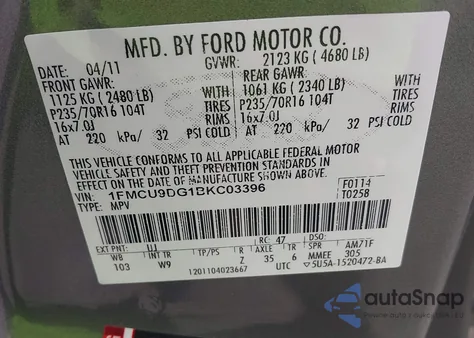 2011 Ford Escape Xlt from USA, damaged, VIN 1FMCU9DG1BKC03396